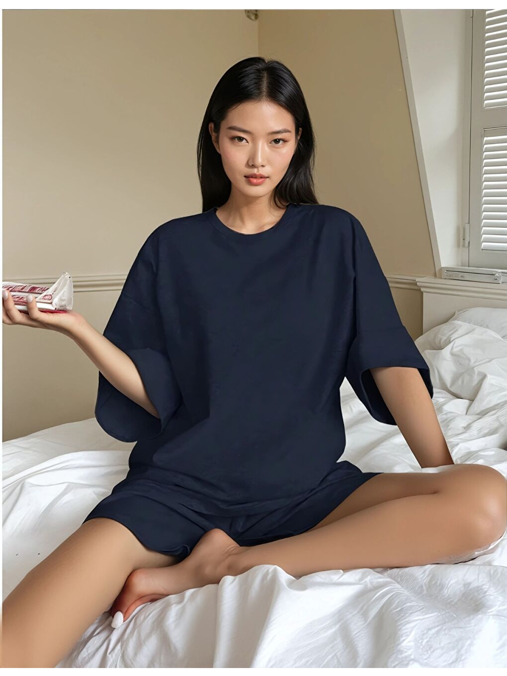 Lacivert Oversize Süprem Kumaş Şortlu Pijama Takımı