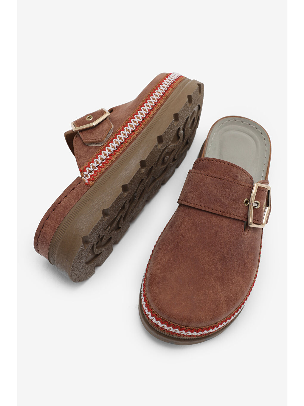 Kahverengi Kadın Taba Poli Taban Rahat Kalıp Tokalı Terlik-4
