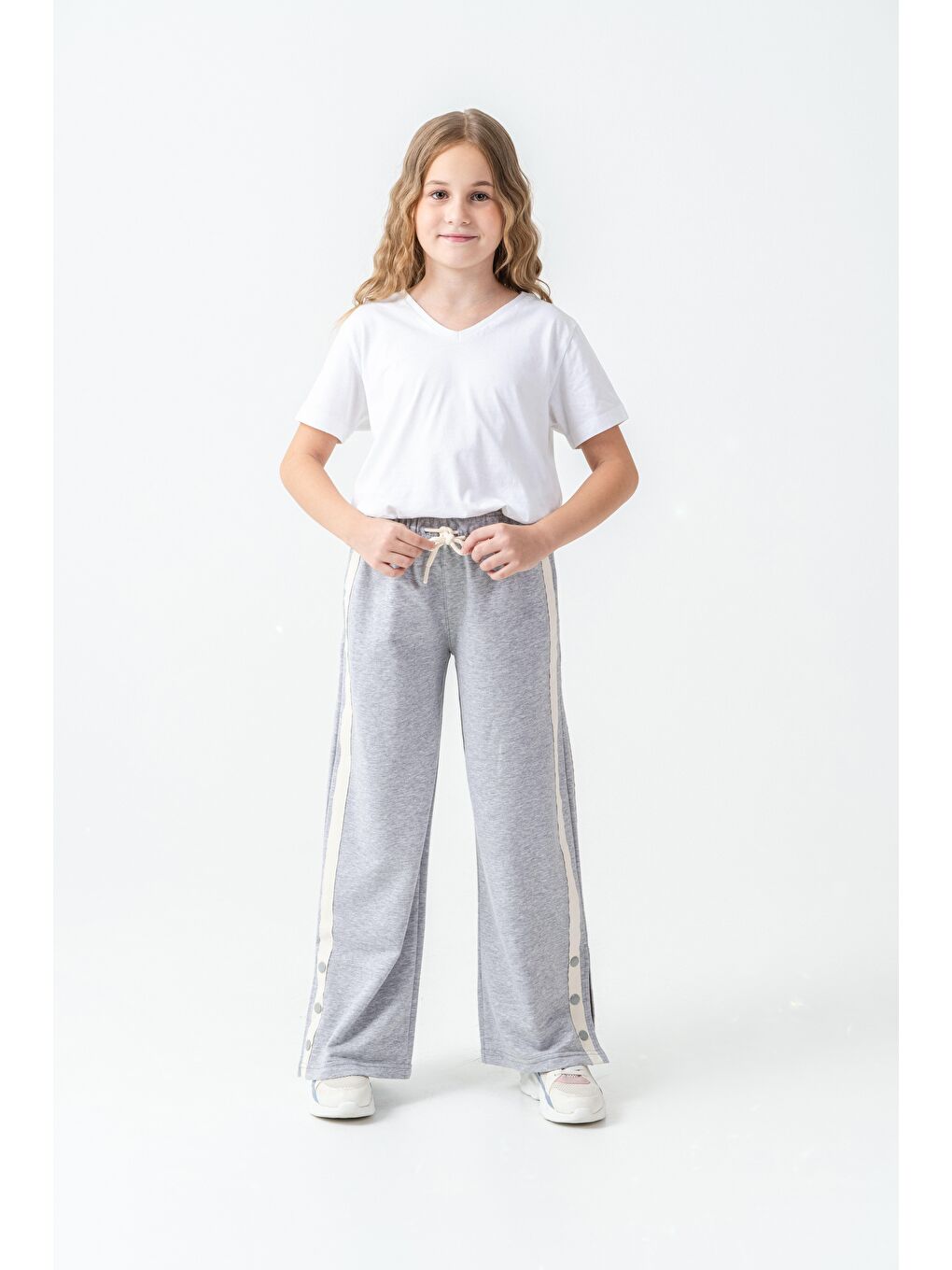 Gri Yanlar Grogren Şeritli Paçalar Çıtçıtlı Kız Çocuk Eşofman Alt