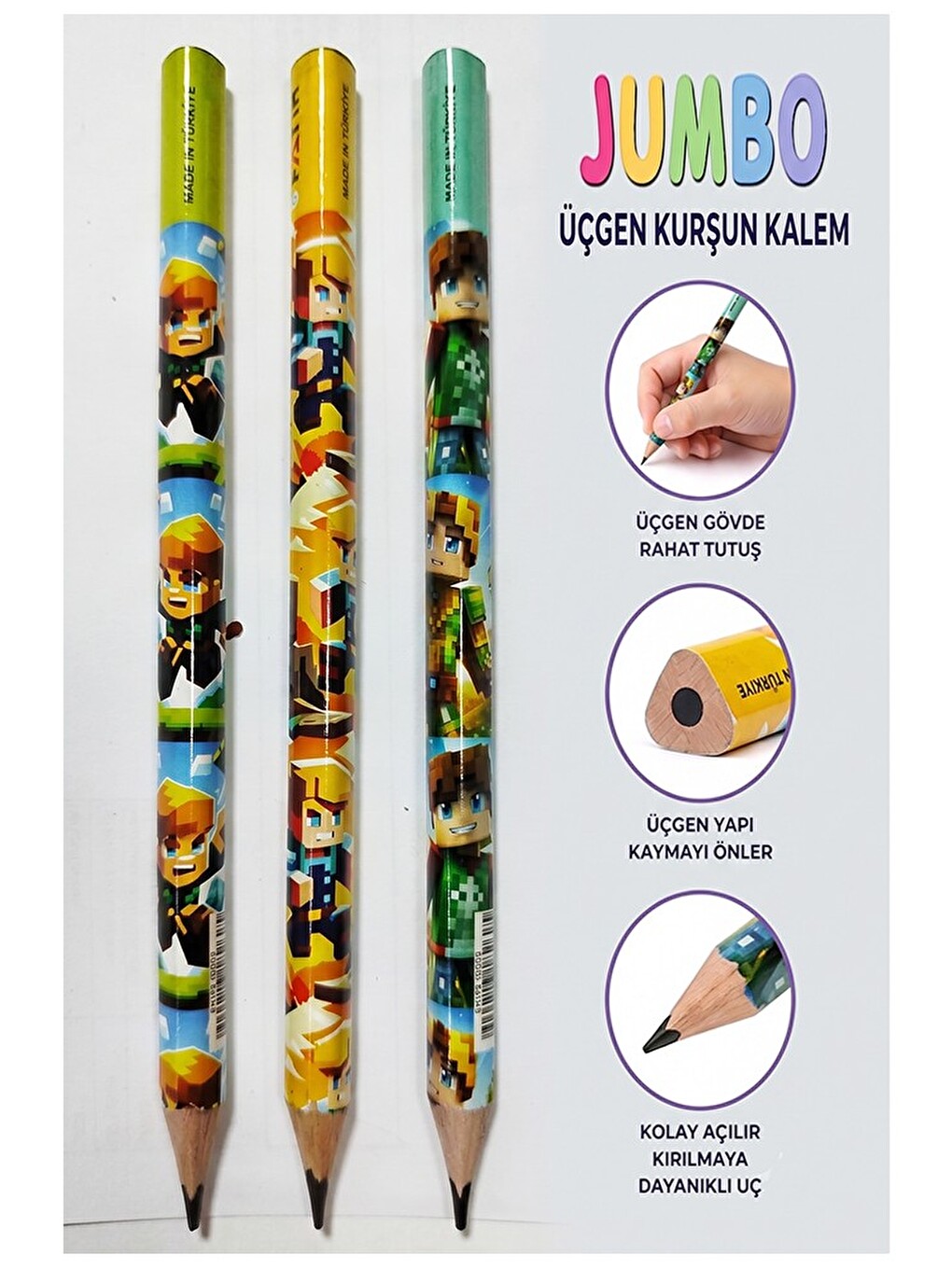 Mine Craft Jumbo Kurşun Kalem 3 Adet Fatih Üçgen Başlangıç Kalemi Siyah İlk Kalemim Jumbo Kalın Kale