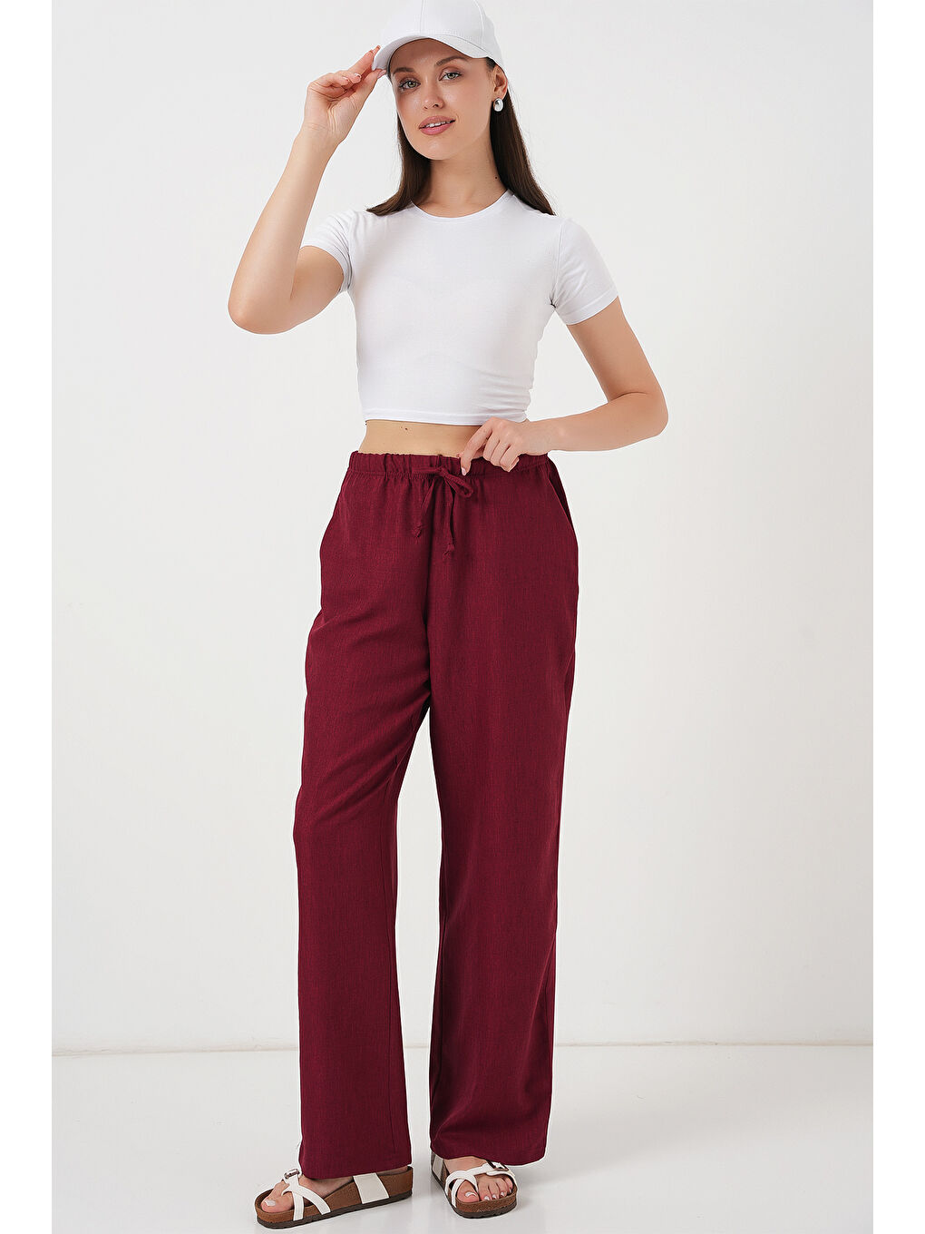 Kadın Geniş Paça Keten Pantolon 6735 - Bordo