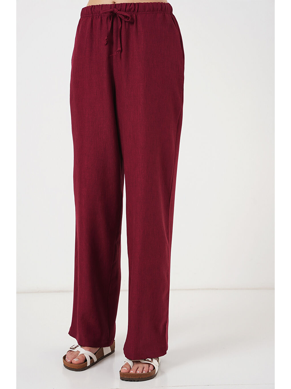 Kadın Geniş Paça Keten Pantolon 6735 - Bordo-1