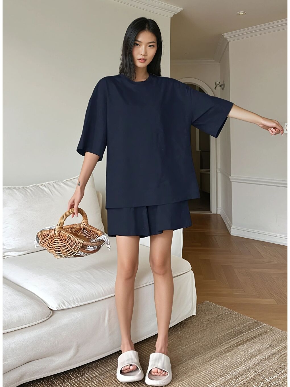 Lacivert Oversize Süprem Kumaş Şortlu Pijama Takımı-1