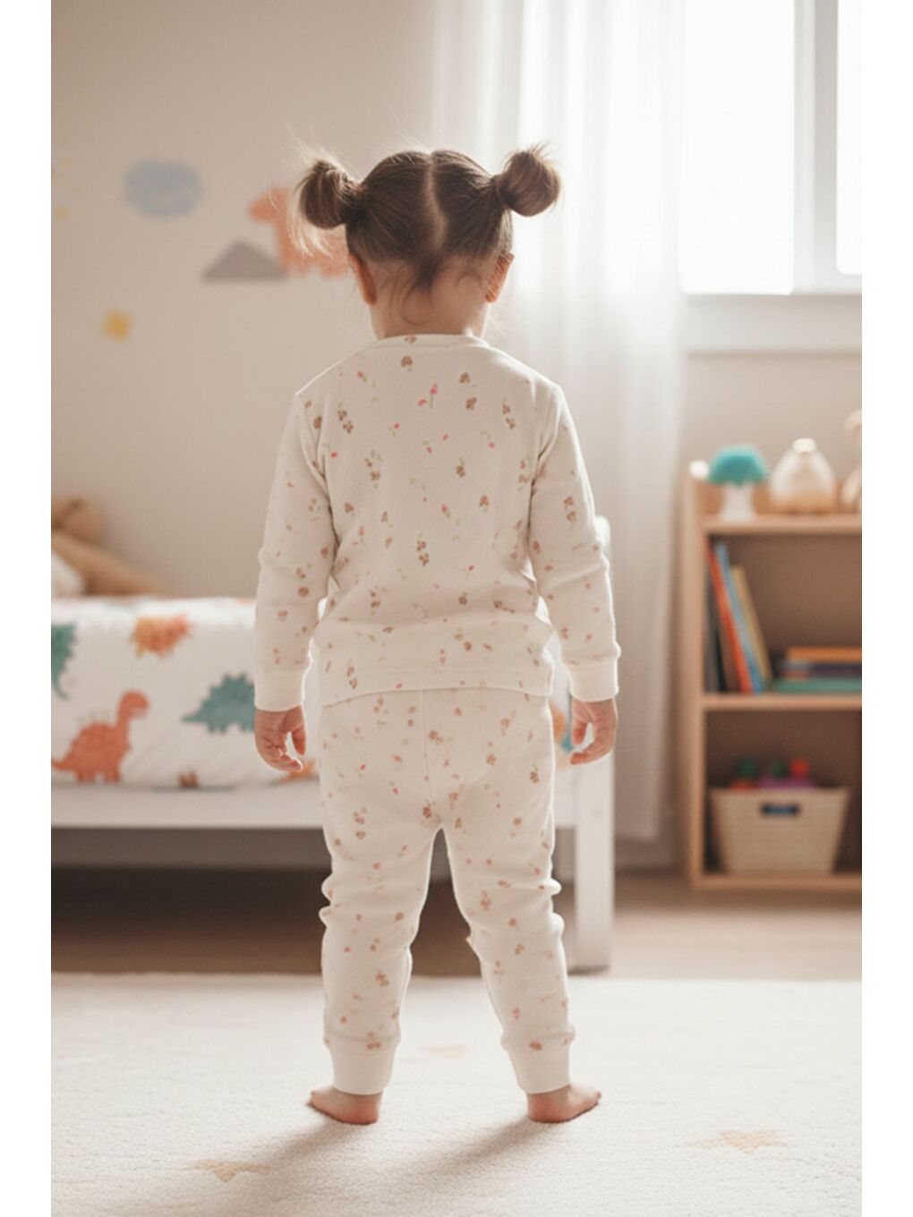 Bej Çiçek Desenli Polar Kız Çocuk Pijama Takımı-1