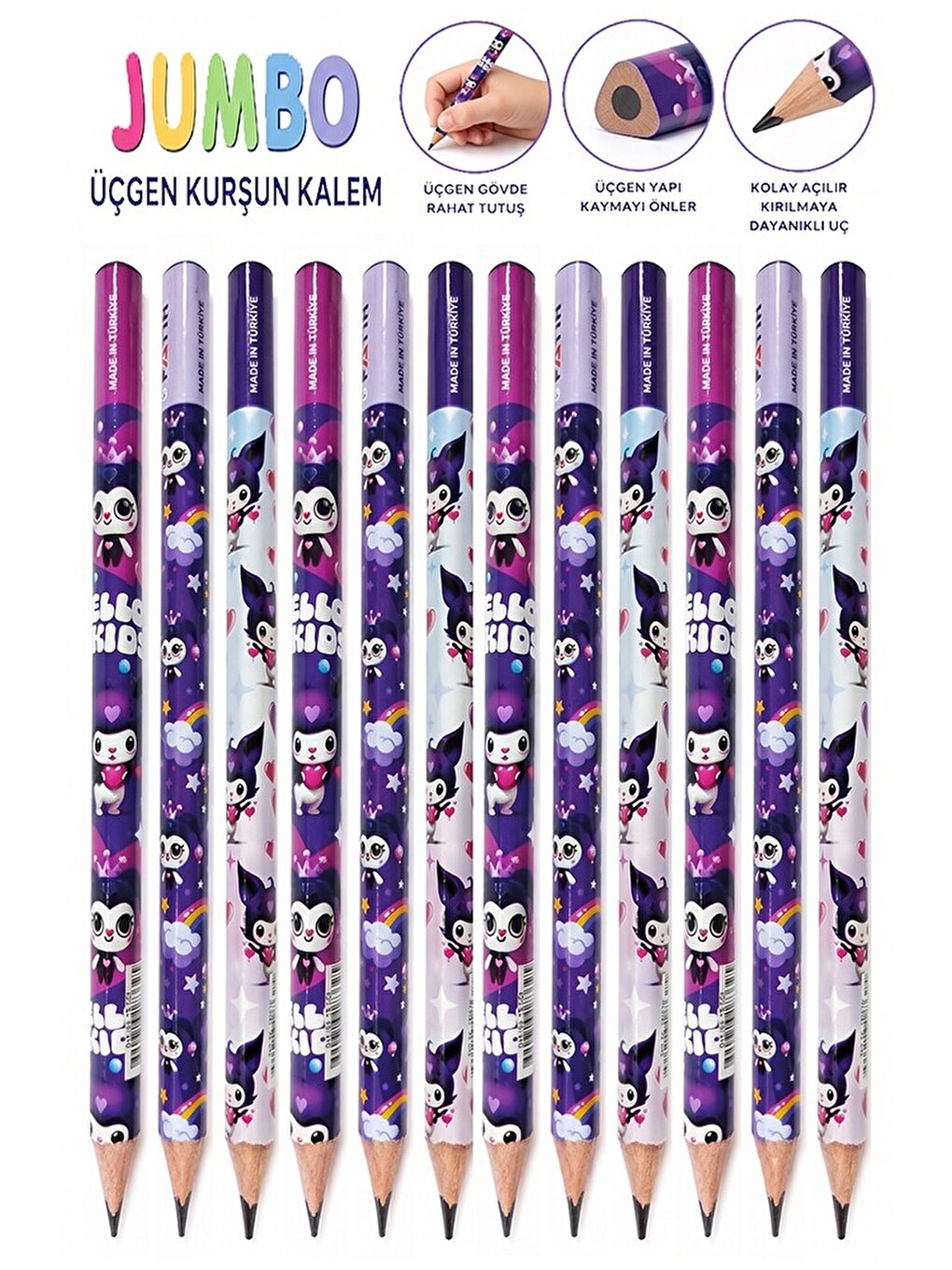 Kuromi Jumbo Kurşun Kalem 12 Adet Fatih Üçgen Başlangıç Kalemi Siyah İlk Kalemim Jumbo Kalın Kalem K