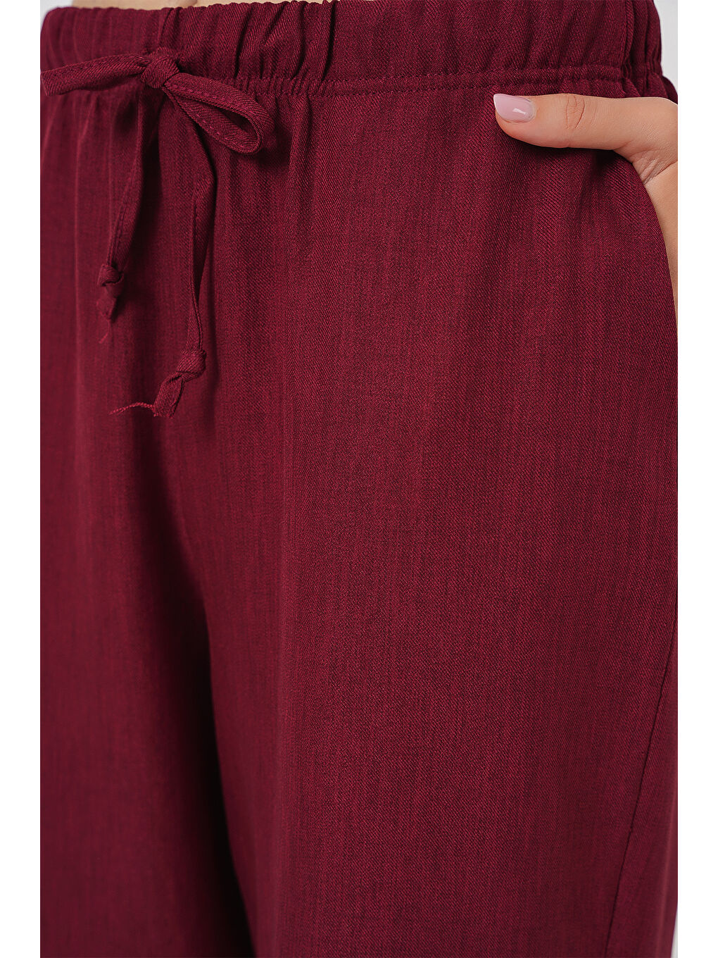 Kadın Geniş Paça Keten Pantolon 6735 - Bordo-4
