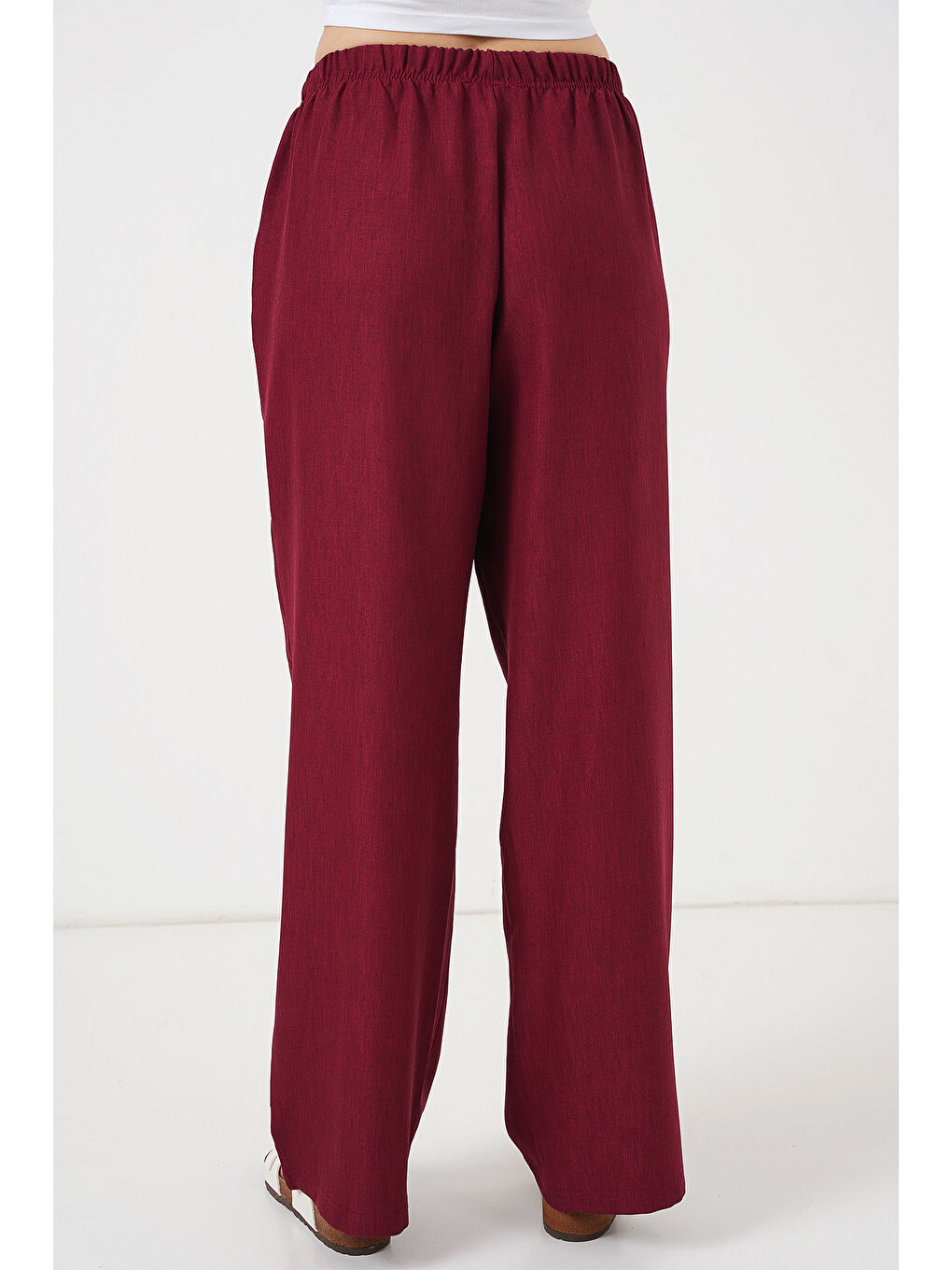 Kadın Geniş Paça Keten Pantolon 6735 - Bordo-5