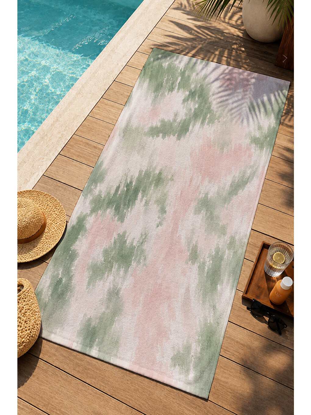 Suluboya Yeşil Gri Batik Soyut Desenli 70x150 Plaj Havlusu - Dijital Baskılı Solmaz Banyo Havlusu-1