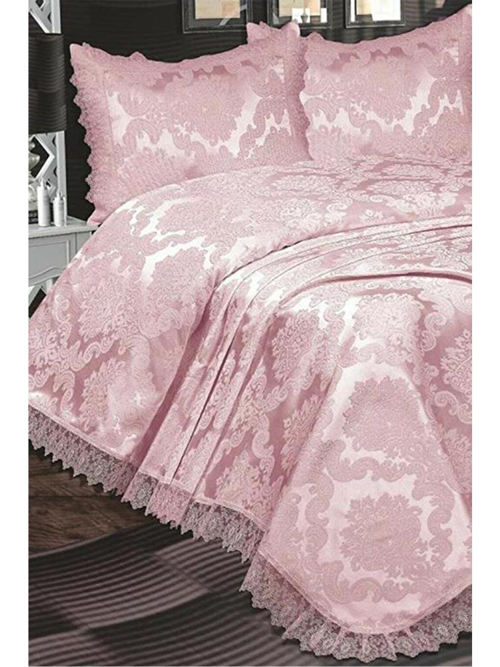 Pembe Fransız Güpürlü Lunox Yatak Örtüsü Pudra-1