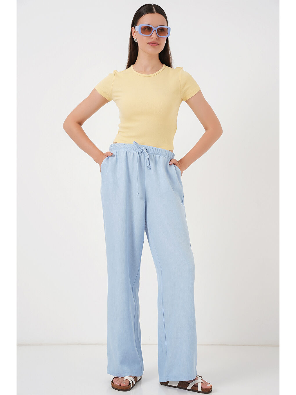 Kadın Geniş Paça Keten Pantolon 6735 - Mavi