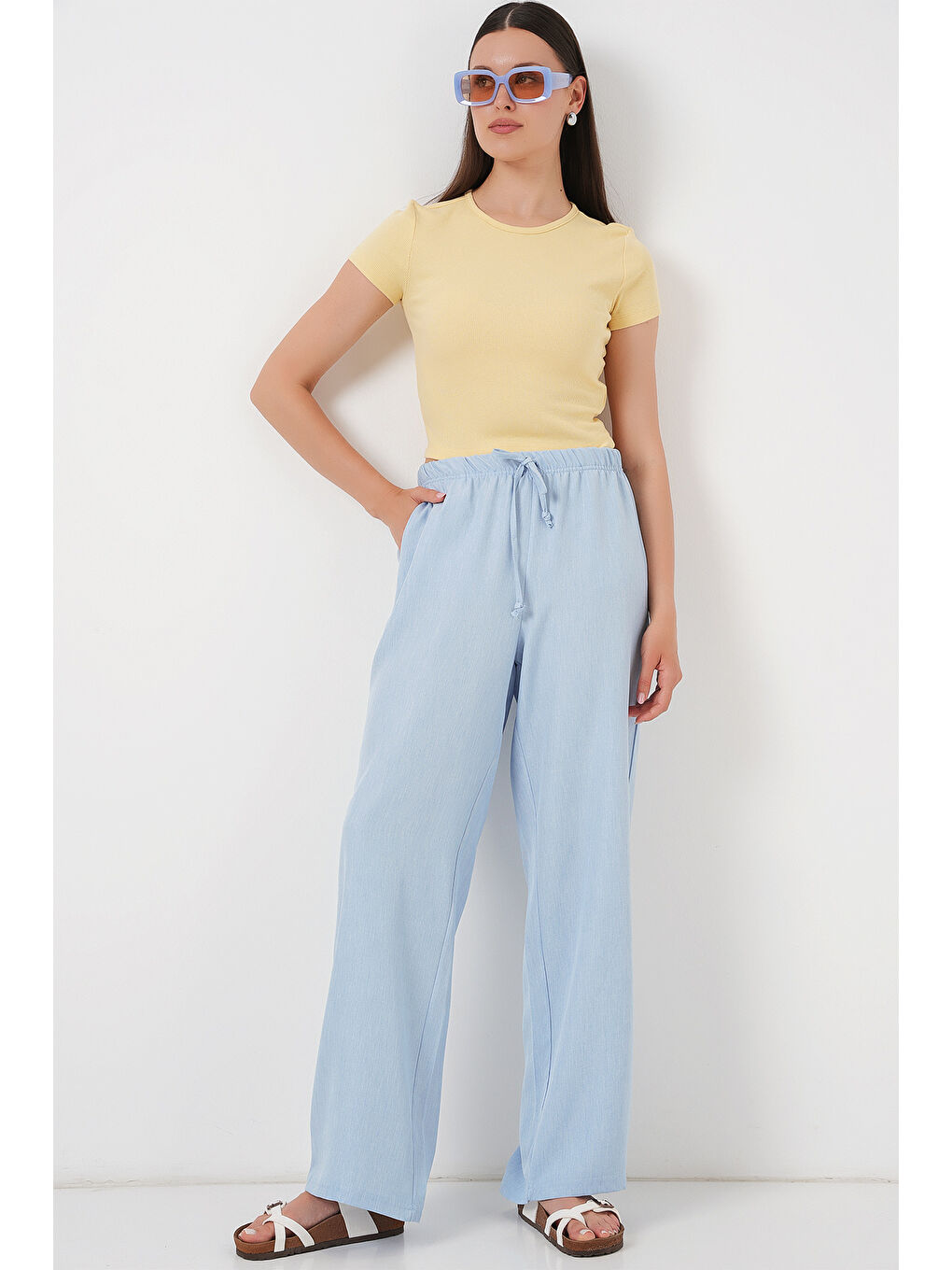 Kadın Geniş Paça Keten Pantolon 6735 - Mavi-2