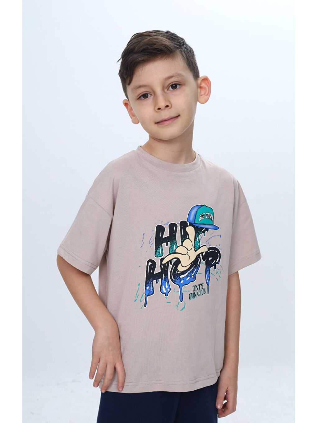 Bej Erkek Çocuk Bisiklet Yaka Kısa Kollu Baskılı Tişört 24990-1