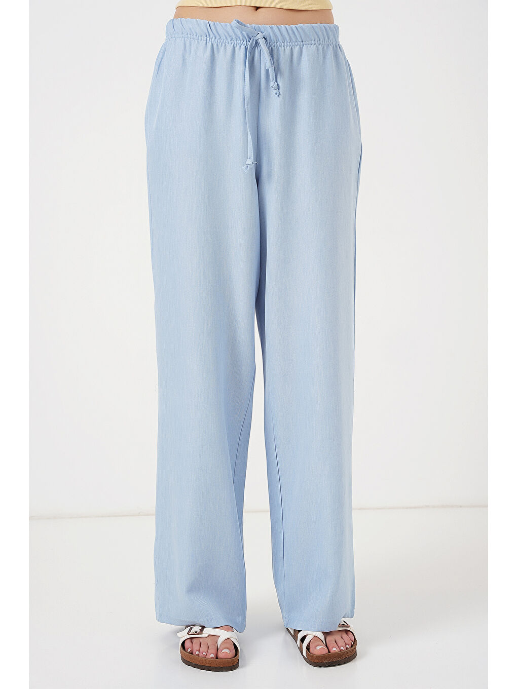 Kadın Geniş Paça Keten Pantolon 6735 - Mavi-3