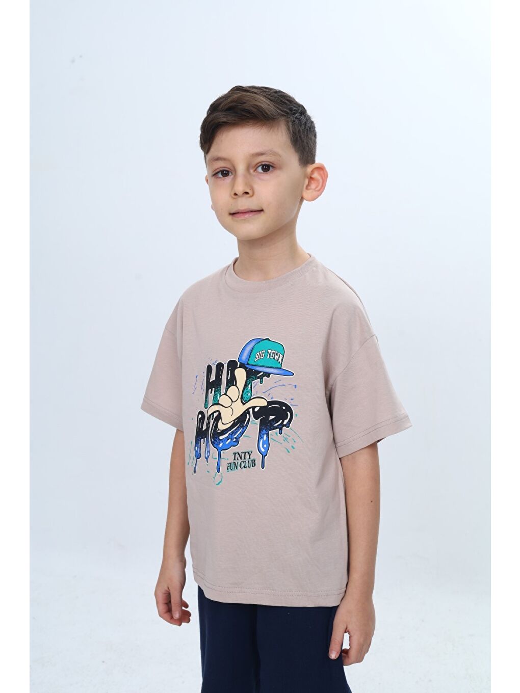 Bej Erkek Çocuk Bisiklet Yaka Kısa Kollu Baskılı Tişört 24990-2