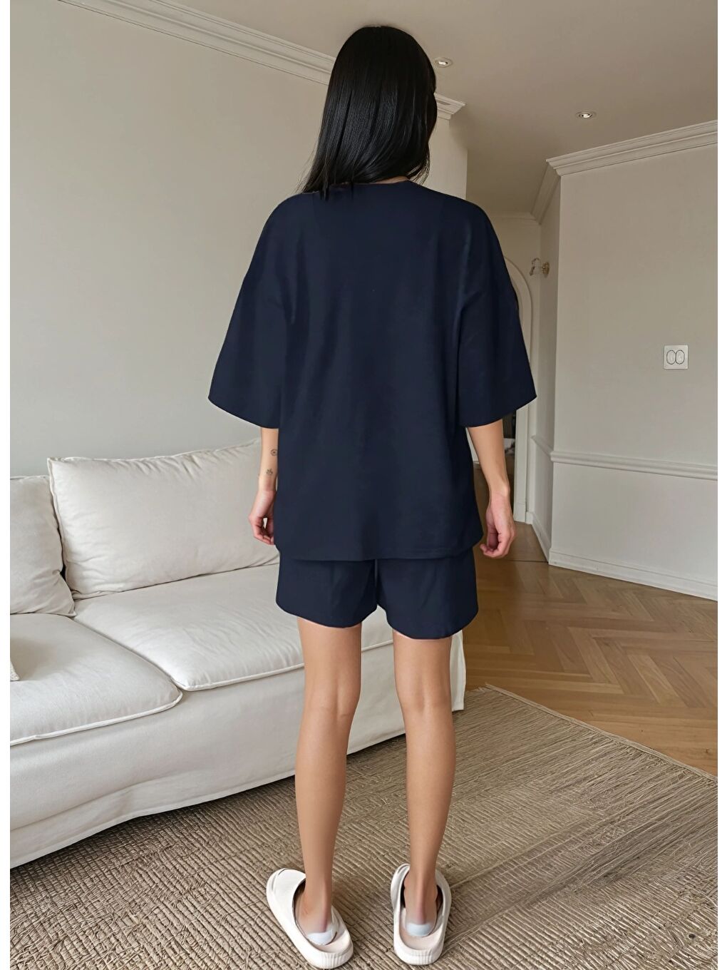 Lacivert Oversize Süprem Kumaş Şortlu Pijama Takımı-2