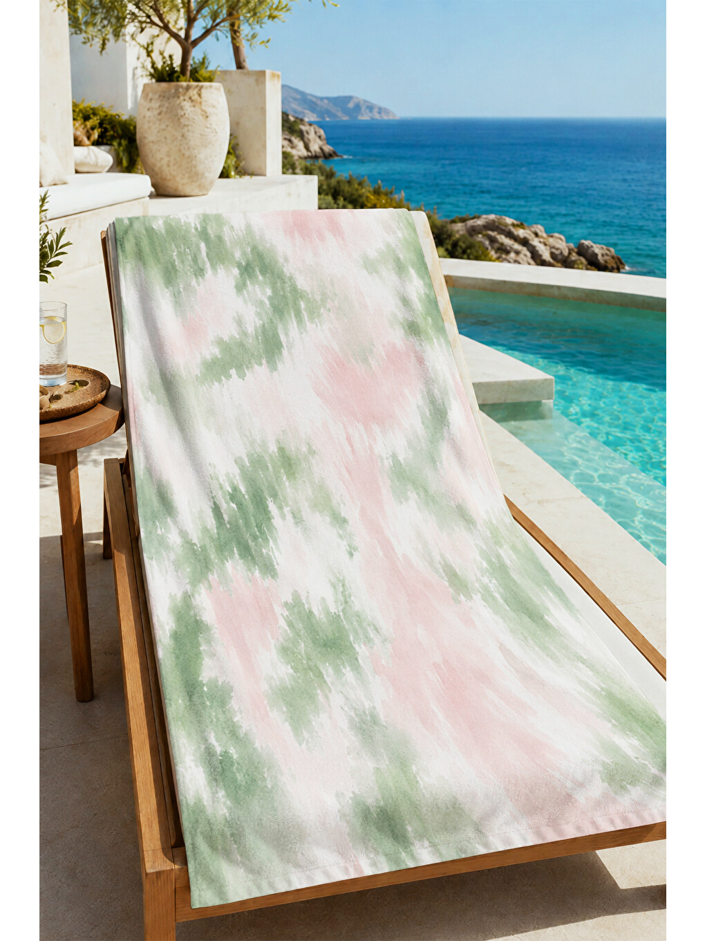 Suluboya Yeşil Gri Batik Soyut Desenli 70x150 Plaj Havlusu - Dijital Baskılı Solmaz Banyo Havlusu-4