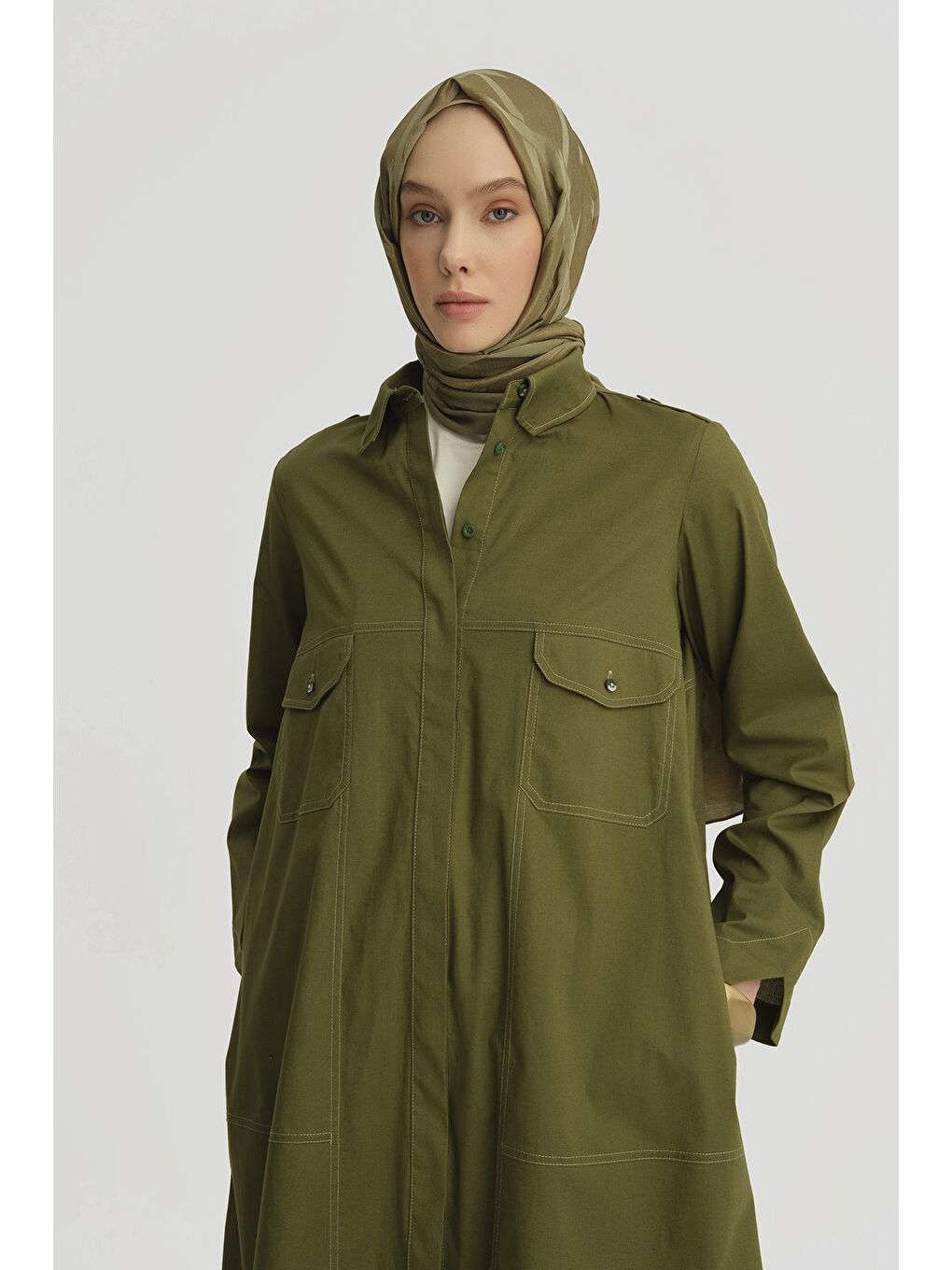 Kontrast Dikişli Pamuk Tunik Elbise 25Y4705 Yeşil-2