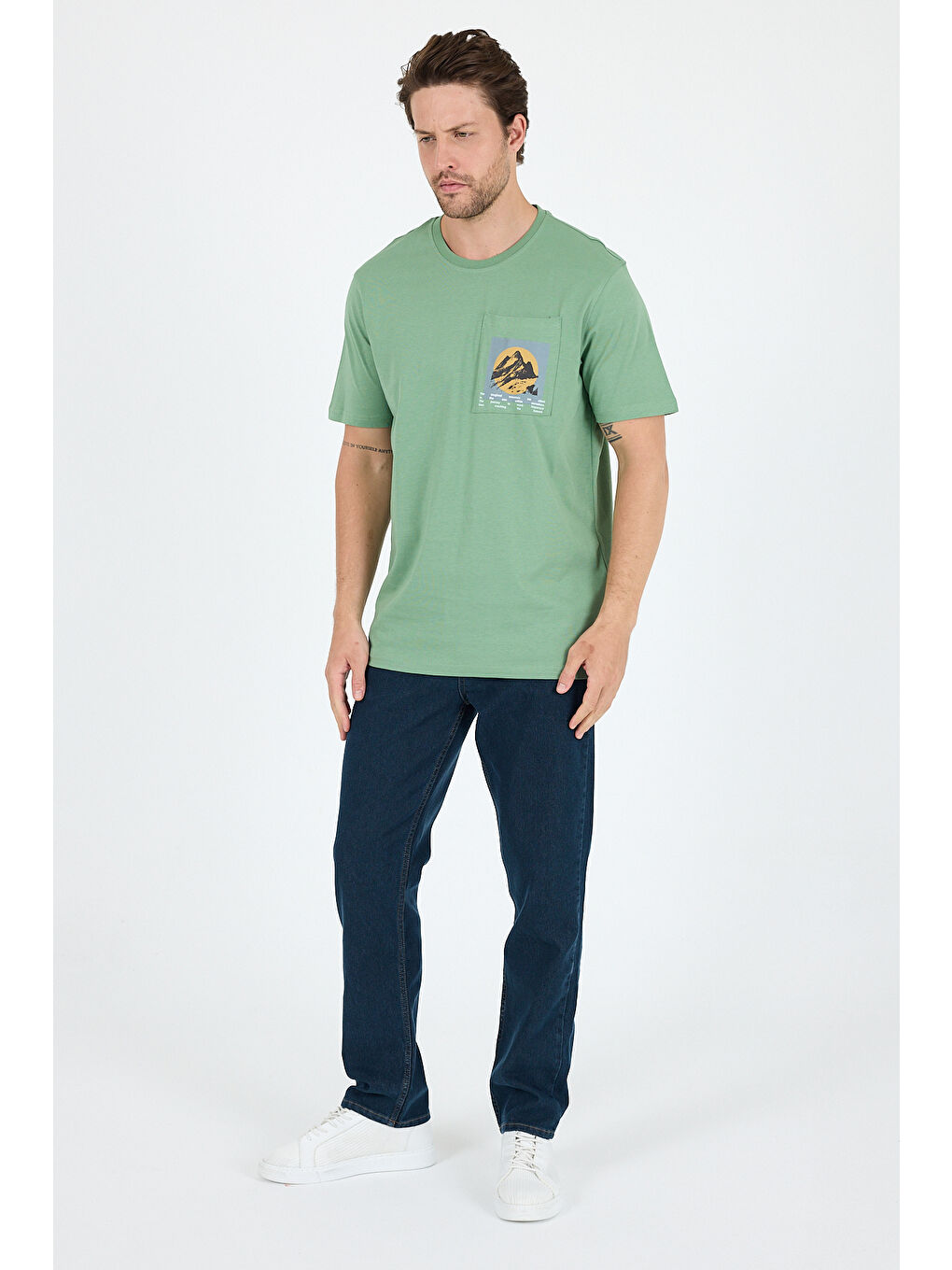 Yeşil Erkek %100 Pamuk Cep Detaylı Baskılı Tişört – Bisiklet Yaka, Yazlık Model Erkek Tişört 0105-2