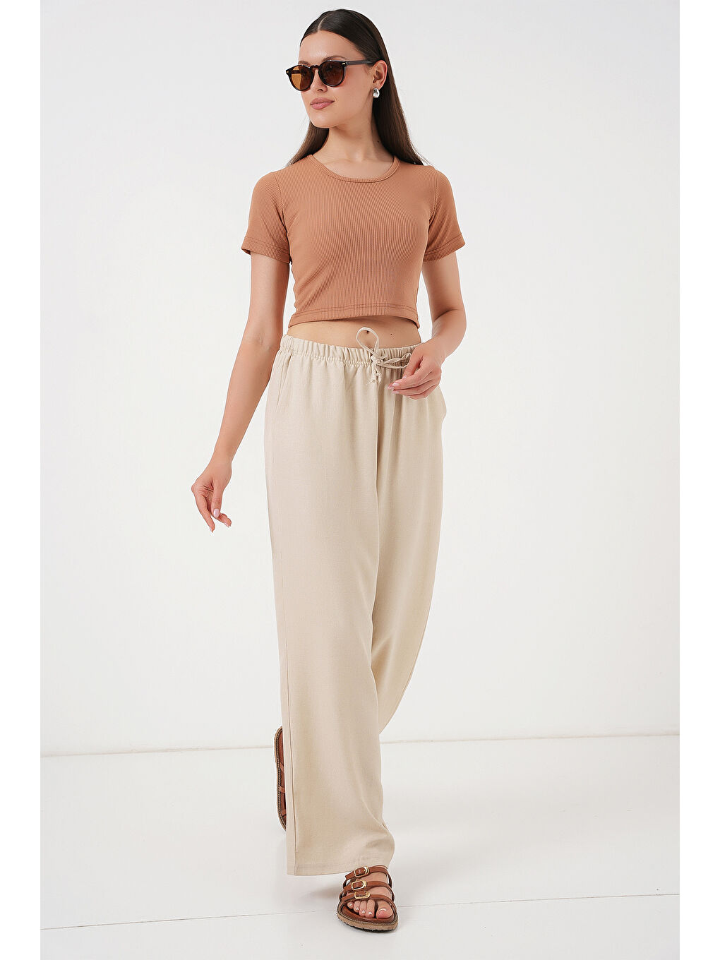 Ekru Kadın Geniş Paça Keten Pantolon 6735 - Krem