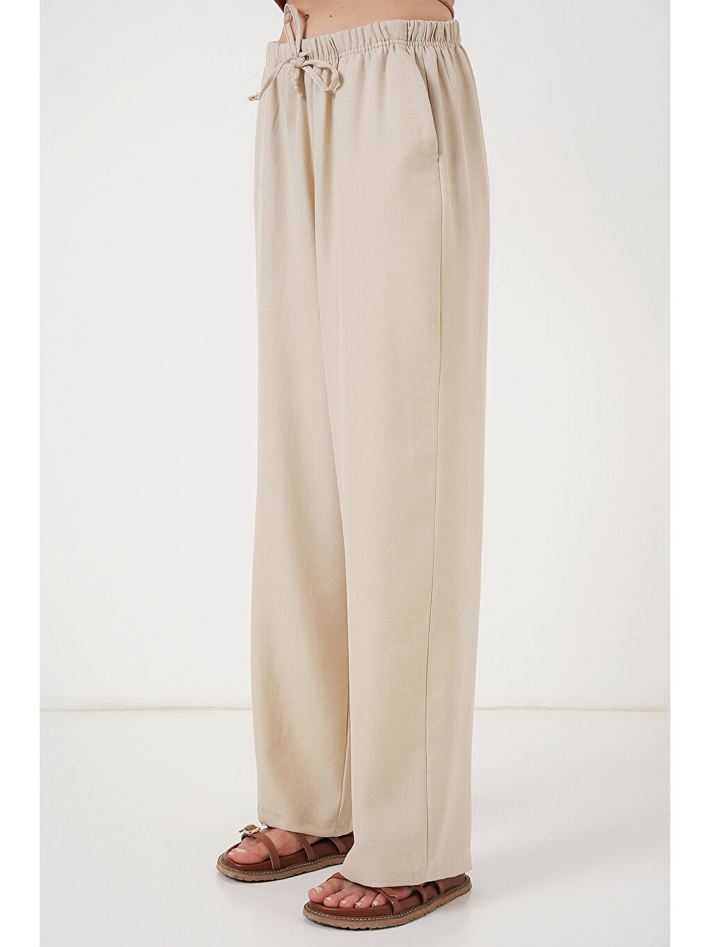 Ekru Kadın Geniş Paça Keten Pantolon 6735 - Krem-1