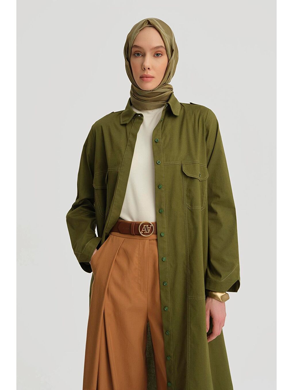 Kontrast Dikişli Pamuk Tunik Elbise 25Y4705 Yeşil-3