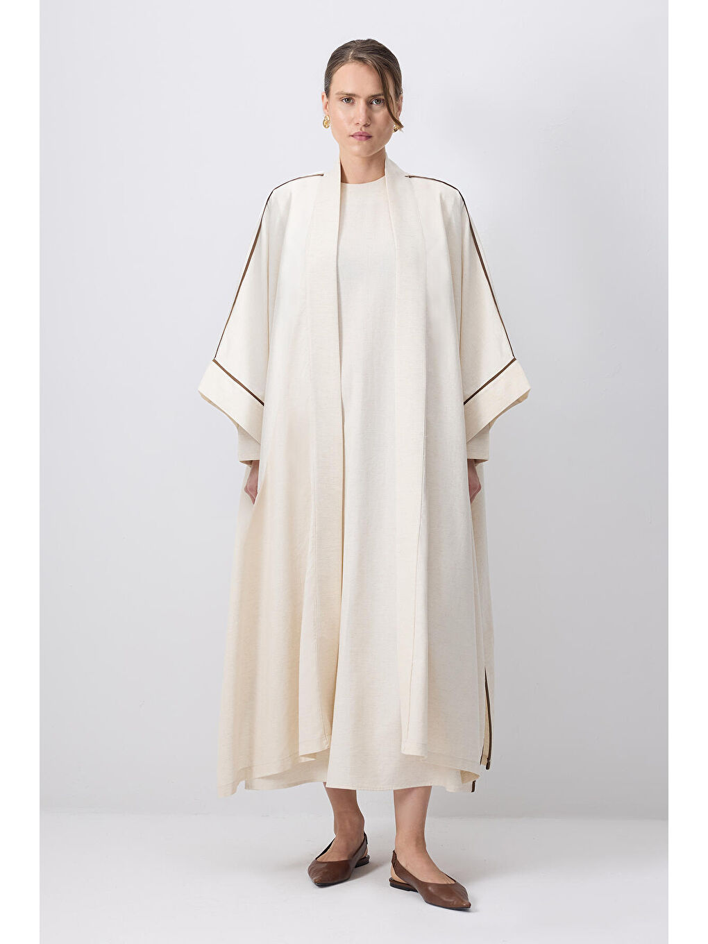 Bej Kontrast Biyeli Kimono Takım