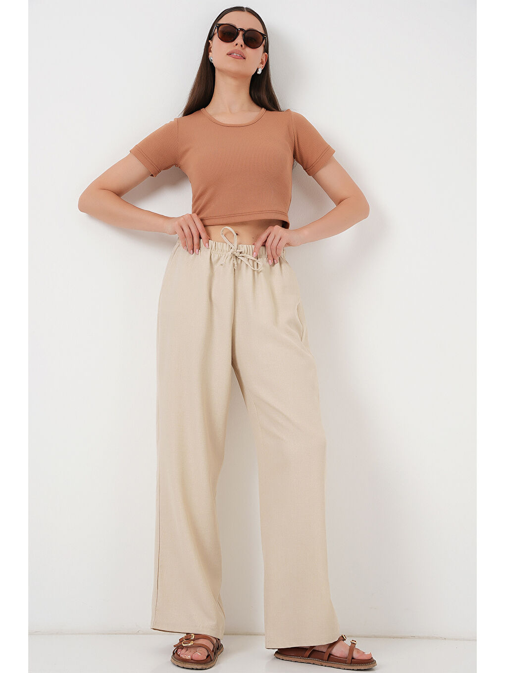 Ekru Kadın Geniş Paça Keten Pantolon 6735 - Krem-2