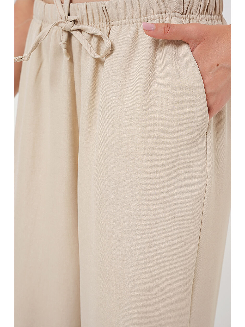 Ekru Kadın Geniş Paça Keten Pantolon 6735 - Krem-4