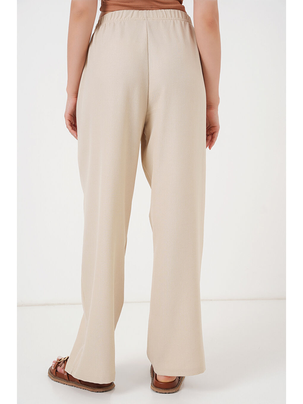 Ekru Kadın Geniş Paça Keten Pantolon 6735 - Krem-5