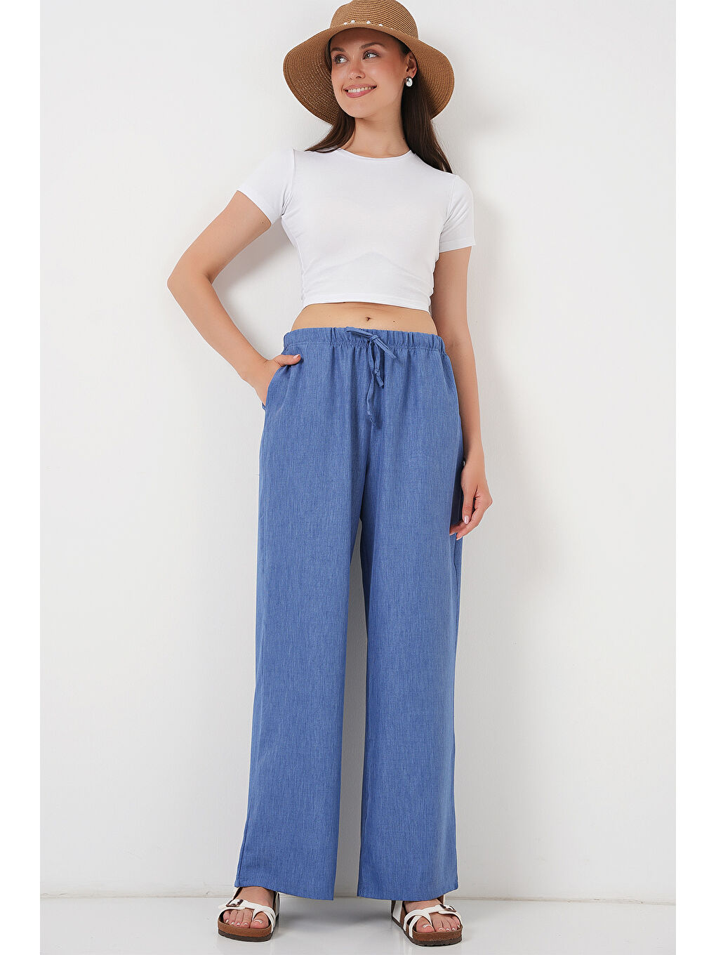 Kadın Geniş Paça Keten Pantolon 6735 - İndigo