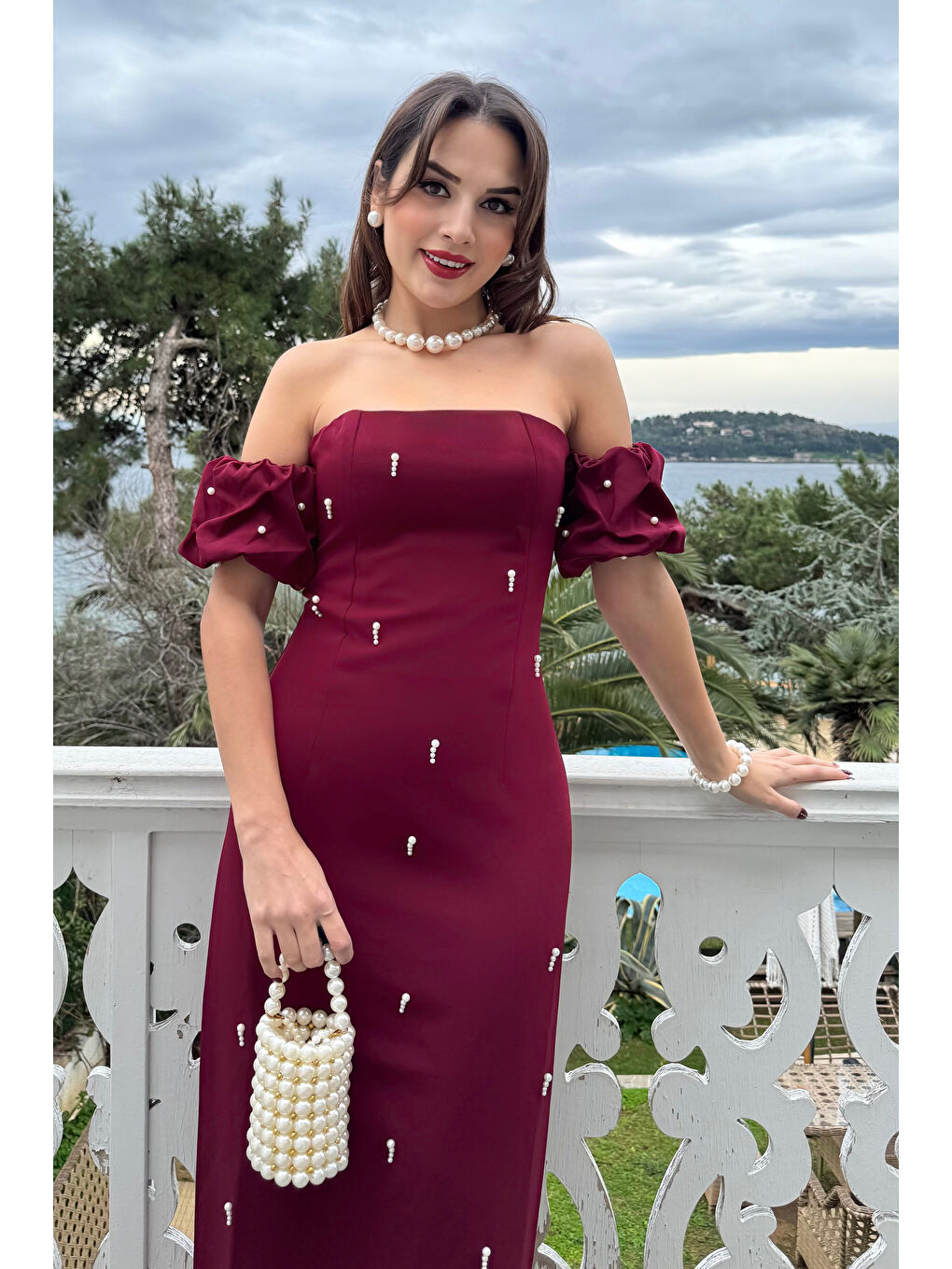 Kadın Bordo Straplez Yaka İnci İşlemeli Uzun Söz Nişan Nikah Elbise-2