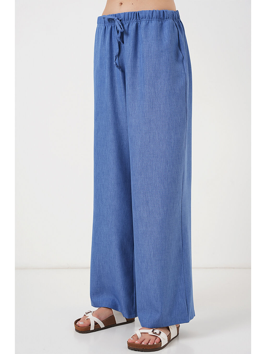 Kadın Geniş Paça Keten Pantolon 6735 - İndigo-1