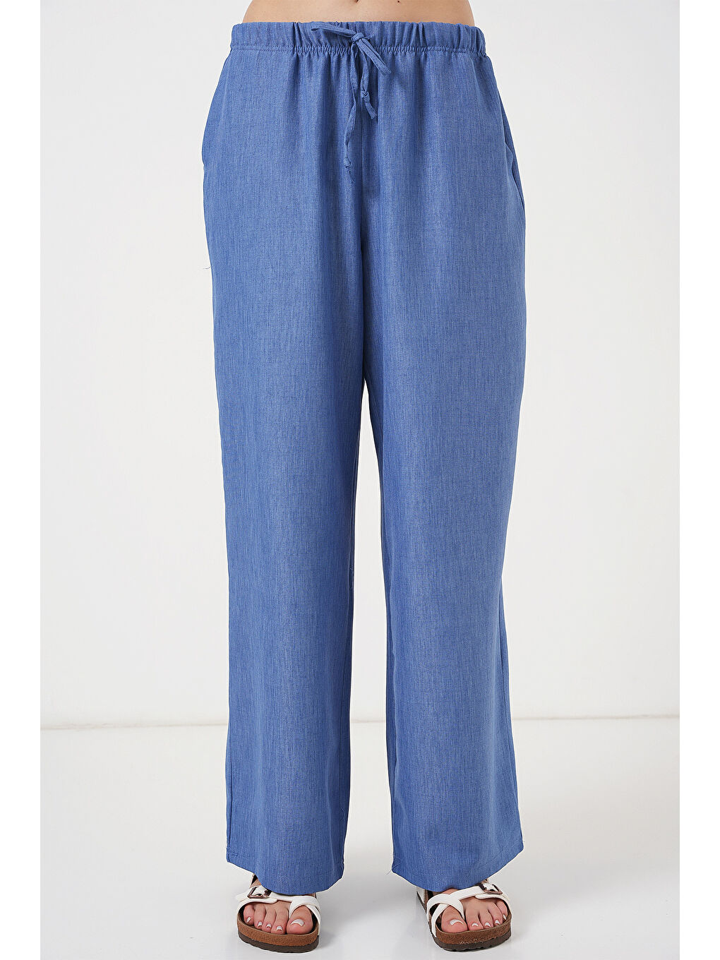 Kadın Geniş Paça Keten Pantolon 6735 - İndigo-3