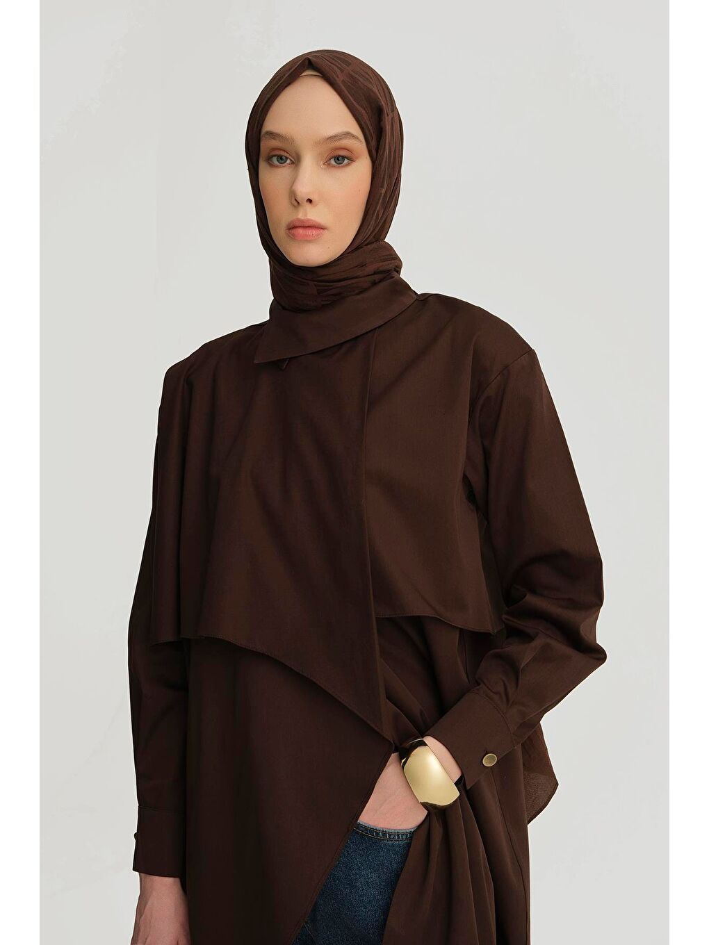 Asimetrik Pamuklu Tunik 25Y4703 Kahverengi-2