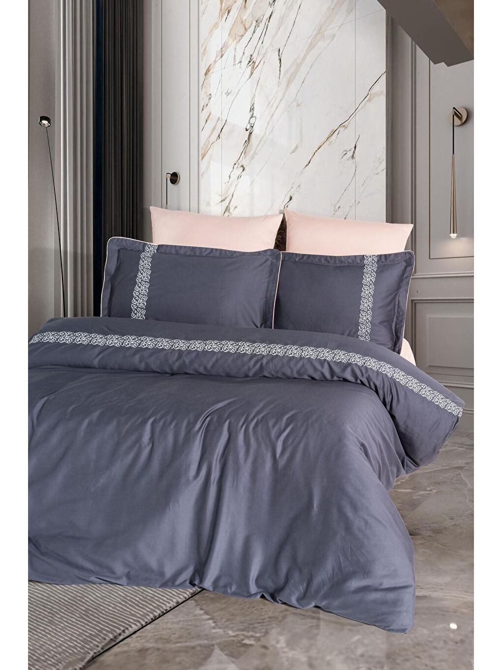 Antrasit Nakışlı Pamuk Saten Çift Kişilik Nevresim Takımı
