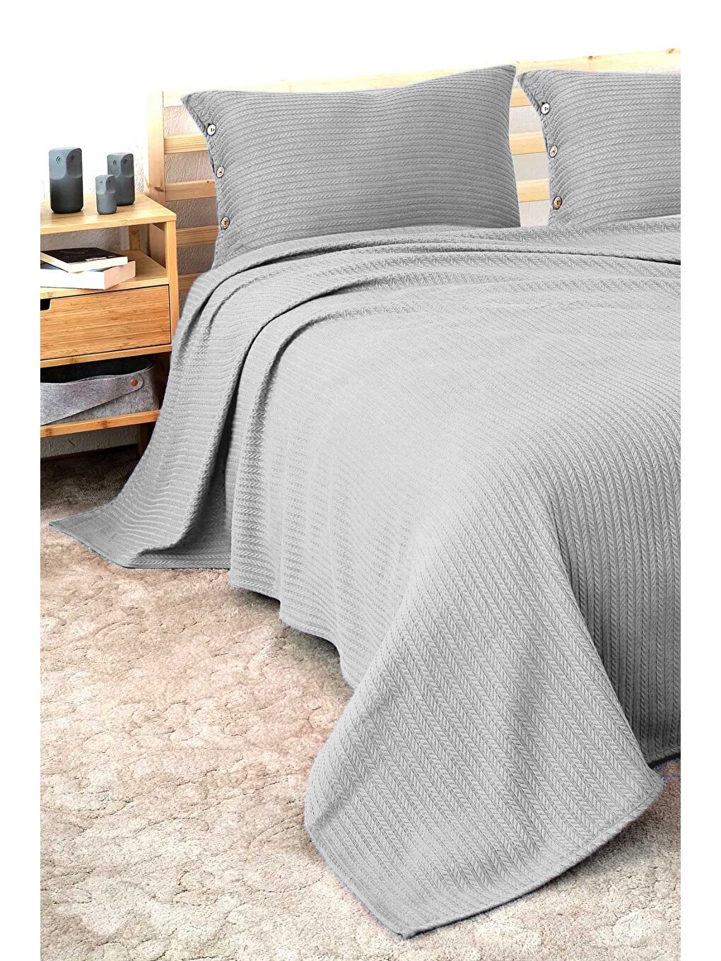 Gri Örgü Tek Kişilik Pike Yatak Örtüsü