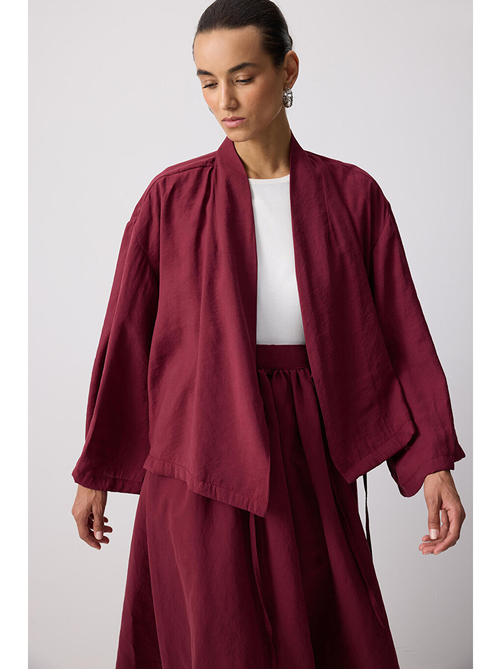 Bordo Çiçek Detaylı Modal Ceket Etek Takım-2