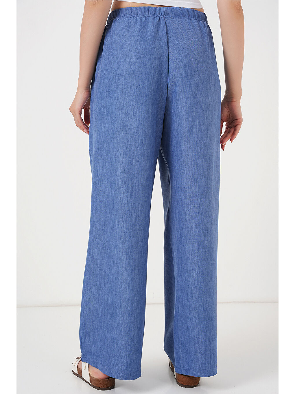 Kadın Geniş Paça Keten Pantolon 6735 - İndigo-5