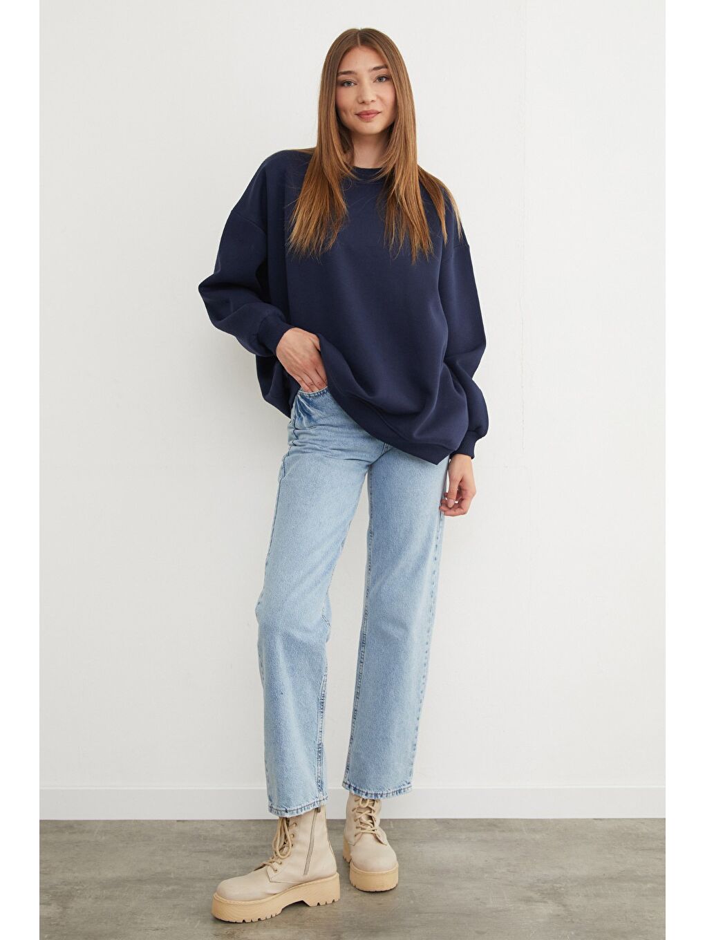 Lacivert 3 İplik Basic Oversize Sweatshirt-1