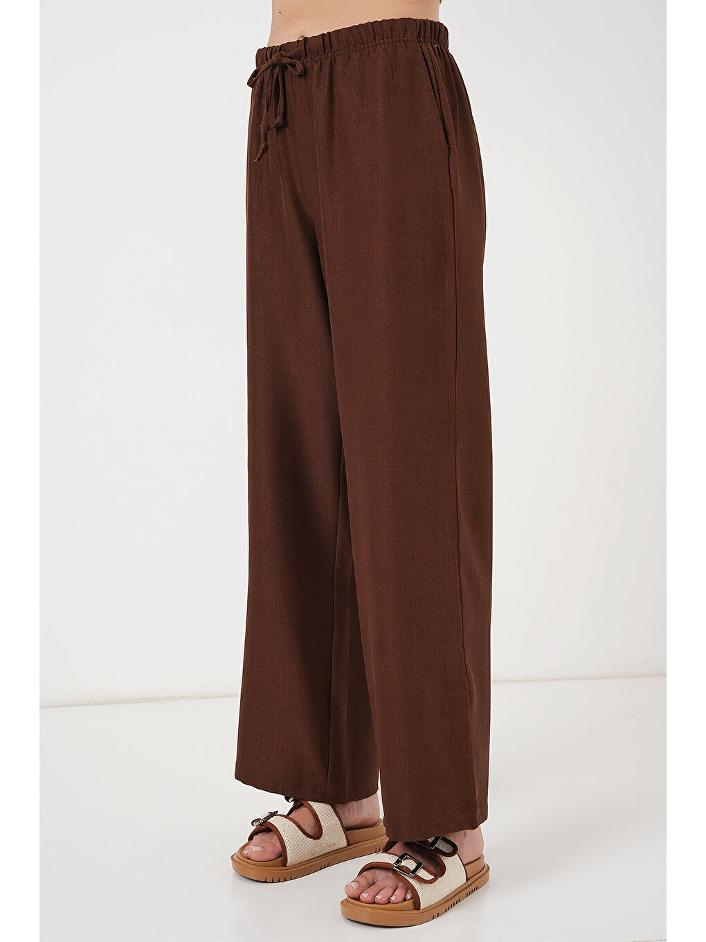 Kadın Geniş Paça Keten Pantolon 6735 - Kahverengi-1