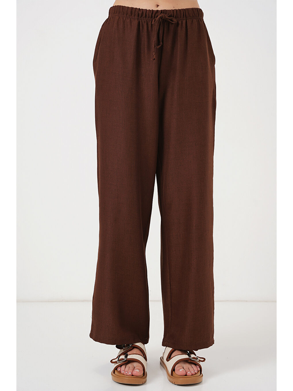 Kadın Geniş Paça Keten Pantolon 6735 - Kahverengi-3