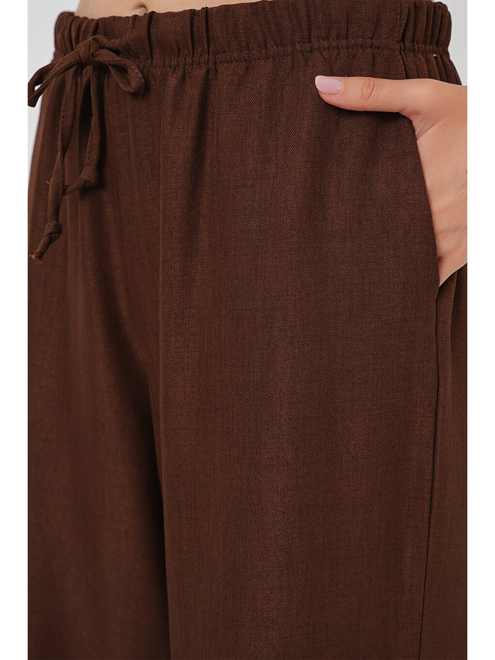 Kadın Geniş Paça Keten Pantolon 6735 - Kahverengi-4