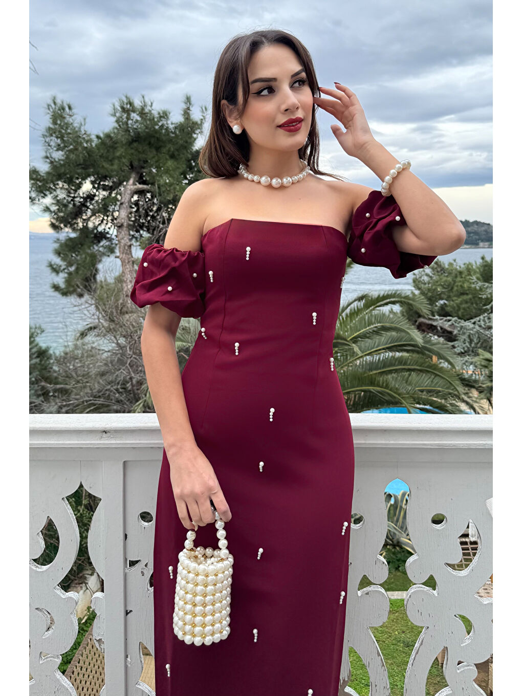 Kadın Bordo Straplez Yaka İnci İşlemeli Uzun Söz Nişan Nikah Elbise-3