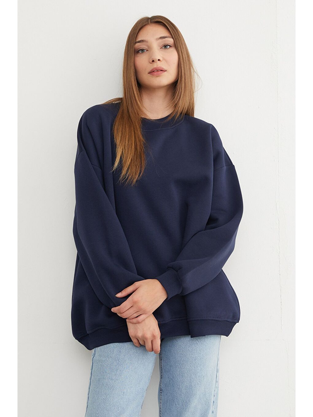 Lacivert 3 İplik Basic Oversize Sweatshirt-3