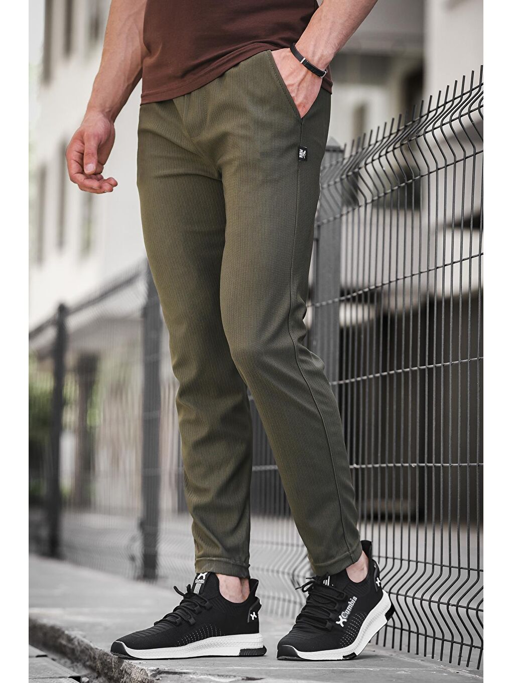 Haki Düz Paça Fitilli Slim Fit Erkek Eşofman Altı