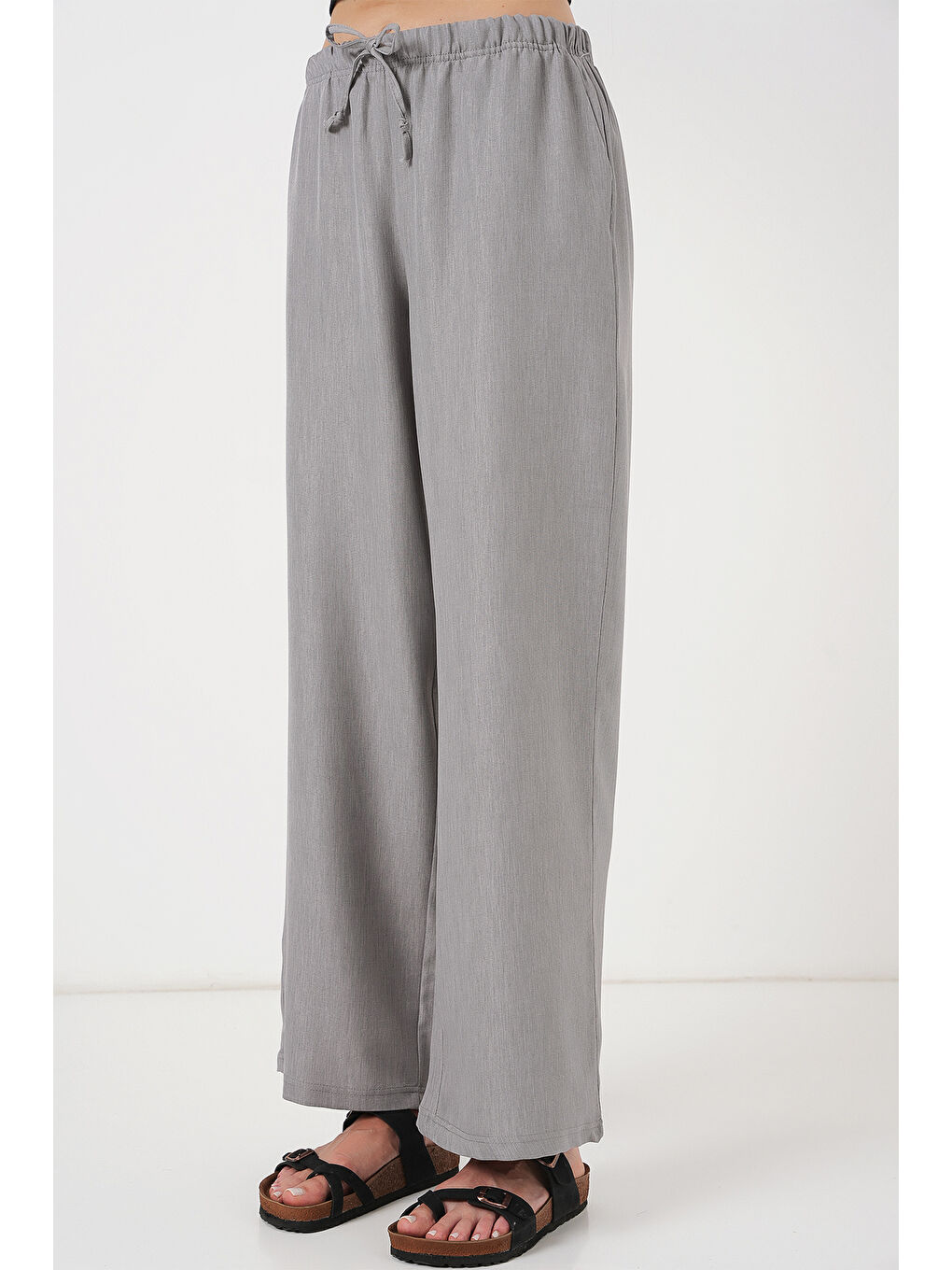 Kadın Geniş Paça Keten Pantolon 6735 - Gri-1