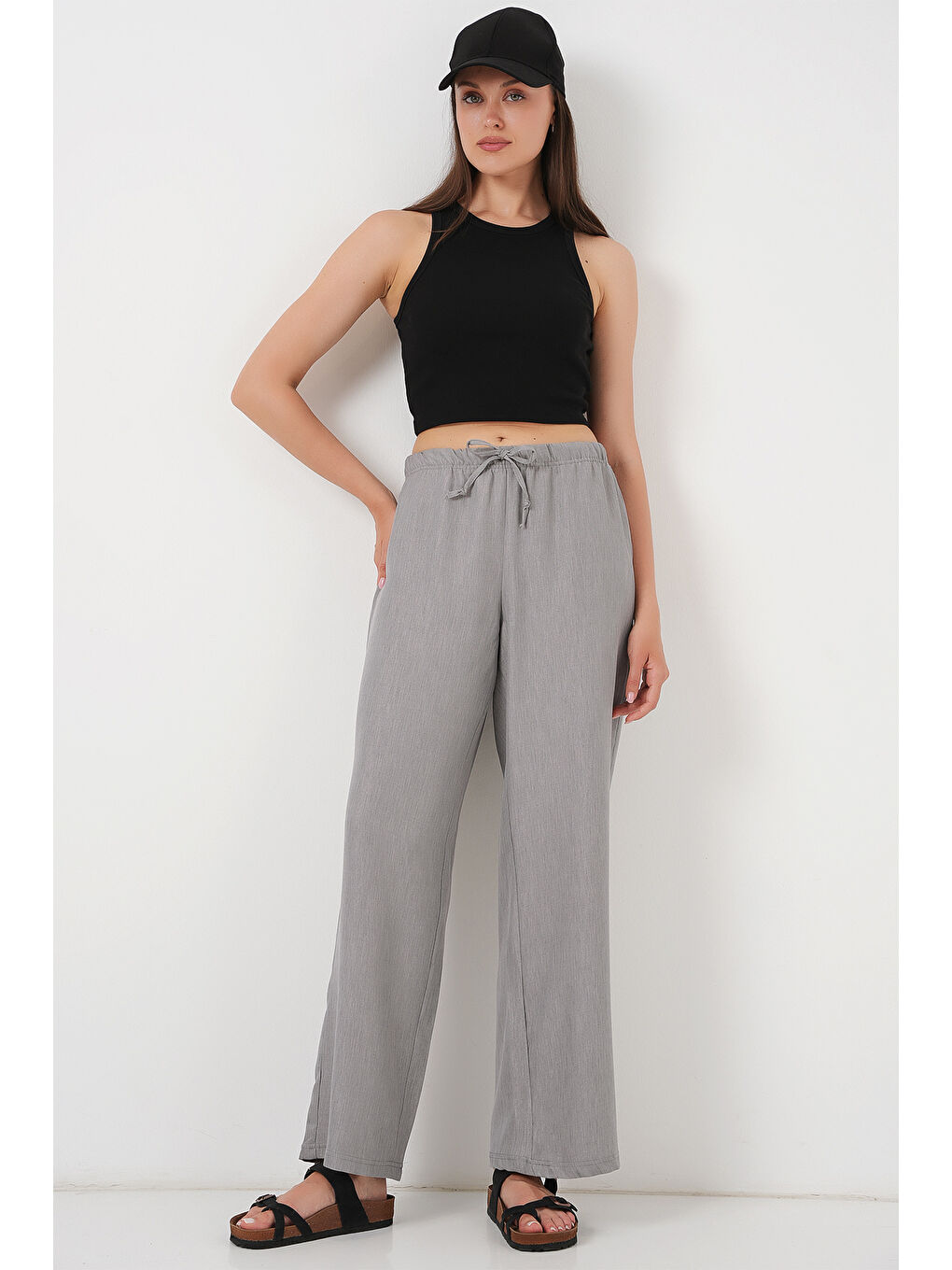 Kadın Geniş Paça Keten Pantolon 6735 - Gri-2