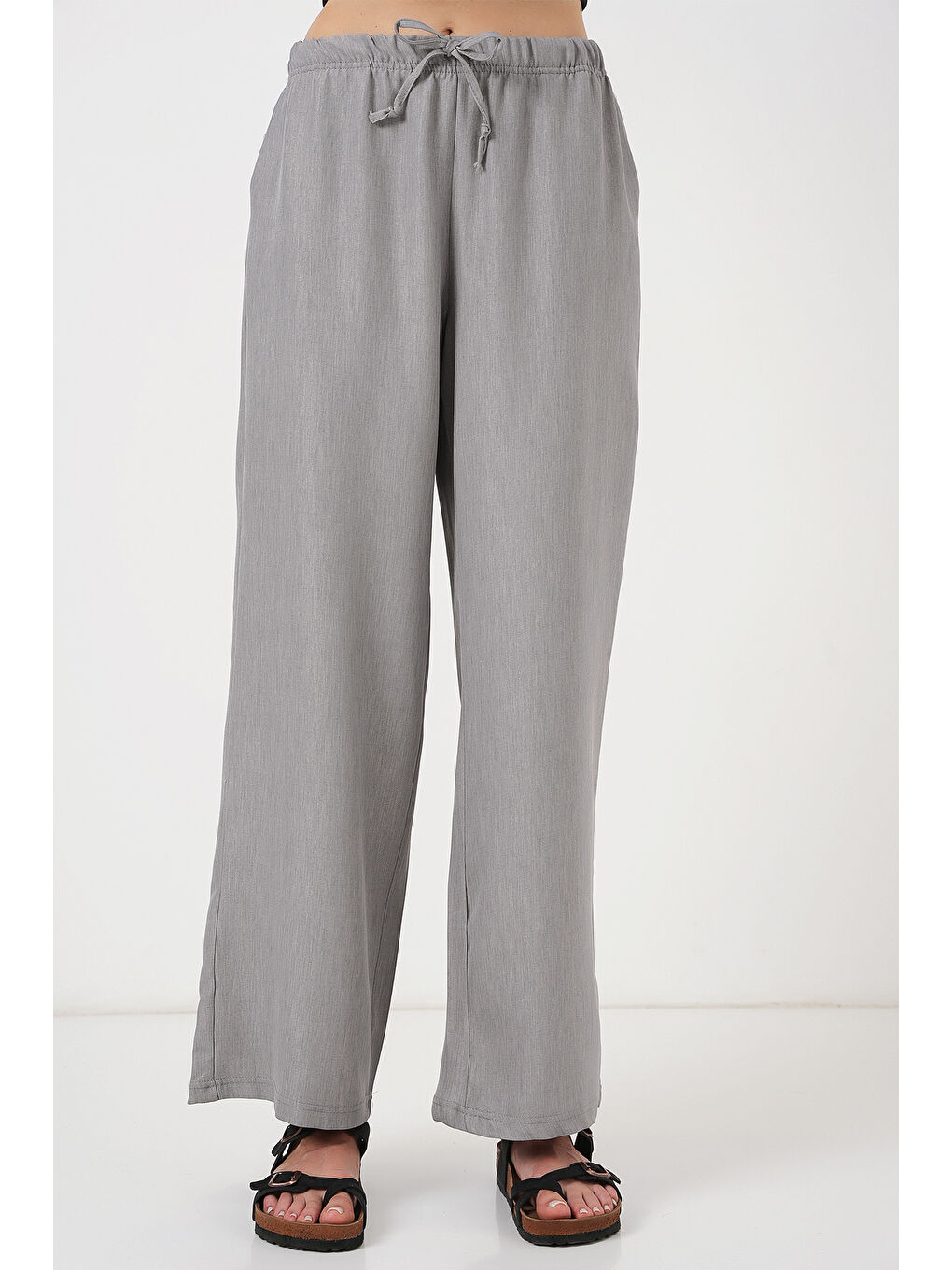 Kadın Geniş Paça Keten Pantolon 6735 - Gri-3