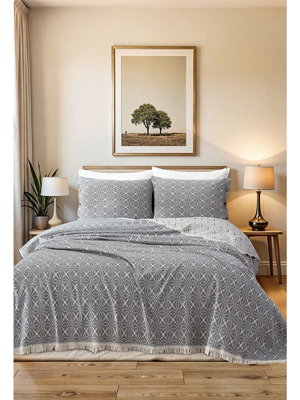 Antrasit Geometrik Pike Yatak Örtüsü