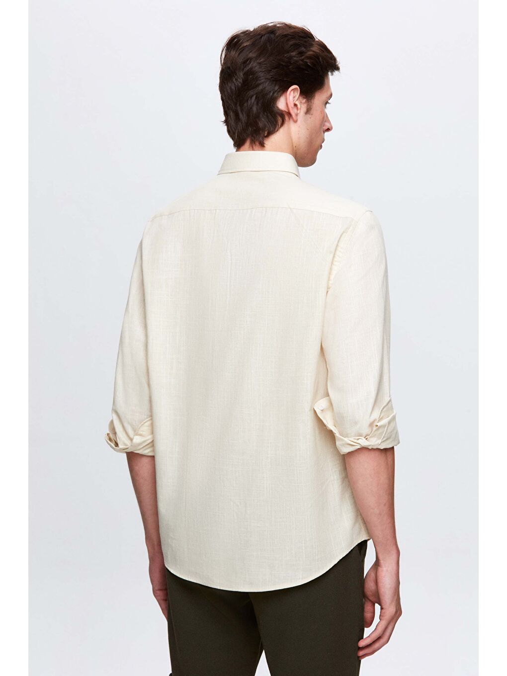 Comfort Bej Düğmeli Yaka Rahat Kesim Keten Görünümlü %100 Pamuk Gömlek-3